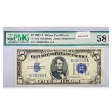 1934 A $5 Silver Cert. PMG Ch AU 58