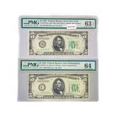 (2) 1934 $5 Fed Reserve Notes PMG Ch UNC 63-64