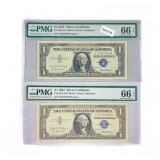 (2) 1957 $1 Silver Cert.'s PMG GEM UNC 66