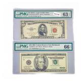 (2) 1953 & 1996 $5 LTN & Star $20 FRN PMG