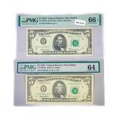 (2) 1969 & 1995 $5 Fed Reserve Notes PMG