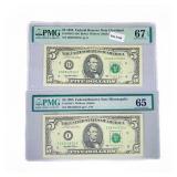 (2) 1995 $5 Fed Reserve Notes PMG