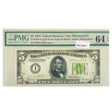 1934 $5 Fed Reserve Note PMG Ch UNC 64