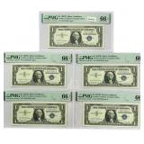(5) 1957 B $1 Silver Cert.'s PMG GEM UNC66