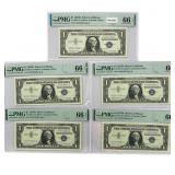 (5) 1957 B $1 Silver Cert.'s PMG GEM UNC66