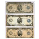 (3) 1914 LG $5 Fed Reserve Notes
