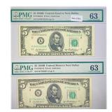 (2) 1950 B $5 Fed Reserve Notes PMG Ch UNC 63