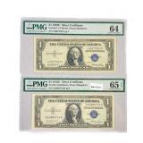 (2) 1935 E $1 Silver Cert.'s PMG GEM UNC 64-65
