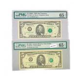 (2) 1985-1988 $5 Fed Reserves Notes PMG GEM UNC