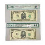 (2) 1950 $5 Fed Reserve Notes PMG Ch UNC 63