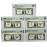 (5) 1957 B $1 Silver Cert.'s PMG GEM UNC66