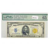 1934 A N. Africa $5 Silver Cert. PMG GEM UNC 65