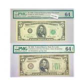 (2) 1934-1950 $5 Fed Reserve Notes PMG Ch UNC 64