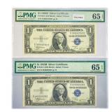 (2) 1935 B $1 Silver Cert.'s PMG GEN UNC 65
