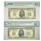 (2) 1934 $5 Fed Reserve Notes PMG Ch UNC