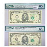 (2) 1995 $5 Fed Reserve Notes PMG GEM UNC 65