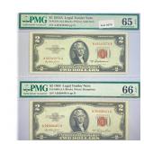 (2) 1953 $2 Legal Tender Notes PMG GEM UNC