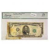 1964 A Cut Error $5 Fed Reserve Note LCG F15