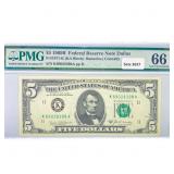 1969 B $5 Fed Reserve Notes PMG GEM UNC 66