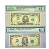 (2) 1988 $5 Fed Reserve Notes PMG GEN UNC