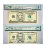 (2) 2001 & 2003 Star $5 Fed Reserve Notes PMG