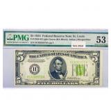 1934 $5 Fed Reserve Note PMG AU 53