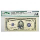 1934 D Star $5 Silver Cert. PMG AU 53