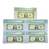 (5) 1957-1963 $1 Silver Cert.'s PMG GEM UNC 65