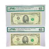 (2) 1995 $5 Fed Reserve Notes w/ Star PMG GEM UNC