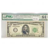 1934 B $5 Fed Reserve Note PMG Ch UNC 64