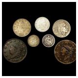 (7) Misc Coins (1828, 1837, 1850, 1853, 1910, 191 (7) Misc Coins (1828, 1837, 1850, 1853, 1910, 191