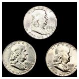 (3) Franklin Half Dollars (1951, 1955, 1958) UNCI (3) Franklin Half Dollars (1951, 1955, 1958) UNCI