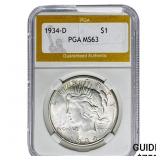 1934-D Silver Peace Dollar PGA MS63