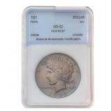 1921 Silver Peace Dollar NNC MS62 High Relief
