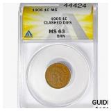 1905 Indian Head Cent ANACS MS63 CLASHED DIES BRN