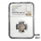 1697 England William III Silver 6 Pence NGC MS63