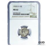 1920-D Mercury Silver Dime NGC MS62