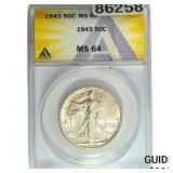 1943 Walking Liberty Half Dollar ANACS MS64