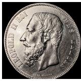 1876 Belgium Silver 5 Francs Leopold II CLOSELY UN