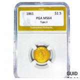 1861 $2.50 Gold Quarter Eagle PGA MS64 Type 2