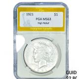 1921 Silver Peace Dollar PGA MS63 High Relief