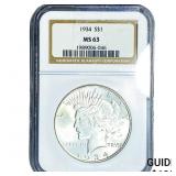 1934 Silver Peace Dollar NGC MS63