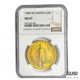 1908 $20 Gold Double Eagle NGC MS67 No Motto