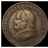 1867 Papal States Pope Pius IX 1 Copper Soldo NEAR