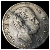 1887 Italy Silver Lire NEARLY UNCIRCULATED