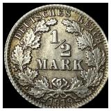 1919-A Germany Silver 1/2 Mark NEARLY UNCIRCULATED