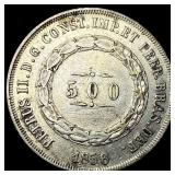 1856/5 Brazil Silver 500 Reis NEARLY UNCIRCULATED