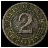 1936 German Weimar Bronze 2 Reichspfennig NEARLY U