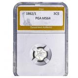 1862/1 Silver Three Cent PGA MS64