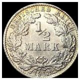1915-F German Silver 1/2 Mark NEARLY UNCIRCULATED